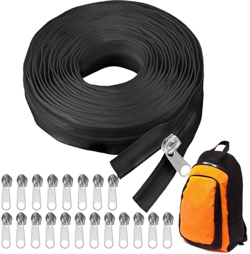 Endless Zip with 20 Zips, 10 m Zip, Sold by the Metre, Nylon Zip, Endless, 3.2 cm Wide, Endless Zip with Zip, for Clothes, Bed Linen, Pillows, Black