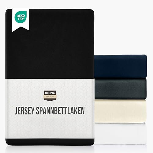 Utopia Bedding Jersey Spannbettlaken, Schwarz, 140 x 200 cm – 25 cm, Bettlaken Baumwollmischung, Oeko-Tex Zertifiziertes, Zuschnitte für Dicke Matratzen