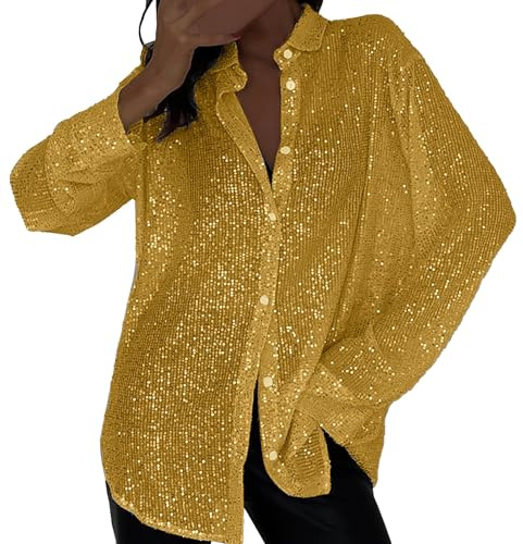 Camisas de negocios casuales para mujer, de franela, blusas de manga larga para mujer, con solapa de lentejuelas, color sólido, camisas cómicas para mujer, dorado, 3XL