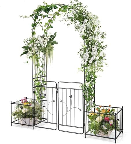 FANTASK Arco de Rosas con Puerta, Arco de jardín de Metal, Arco con 2 macetas, Arco para Plantas trepadoras, Color Negro