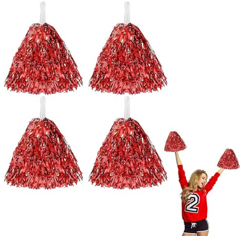 4 Stück Cheerleader Pompons, Pompons Cheerleader, Metallfolie Pompoms Cheerleading, Pom Poms Cheerleading für Sports Wettbewerb Verwendet Karnevalspartys Gymnastik Cheers (Rot)