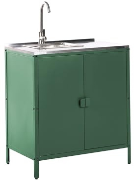 Beliani Mobiletto da Giardino in Acciaio con lavello e 2 Ante ripiano in Acciaio Inox Verde