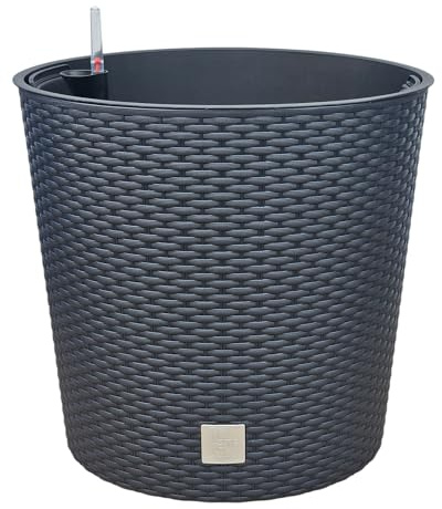 HappyFlower Blumentopf rund mit Innentopf – Pflanzkübel aus Kunststoff in Rattan-Optik, für Innen & Außen, Übertopf Verschiedene Größen & Farben erhältlich, (Äußerer ∅ Oben 40 cm, Anthrazit)