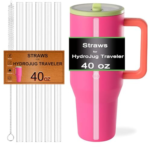 Replacement Straws for HydroJug 40 oz Tumbler, 5-Pack 8.5 Inch Tritan Hard Plastic Straws with Cleaning Brush, BPA-Free Dishwasher Safe Reusable Straws for 40oz Hydro Jug Flip Straw Lid (Clear)