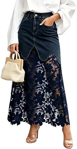 Gonna in Denim Aderente Patchwork in Pizzo Traforato Moda Estiva da Donna: Gonna Maxi in Denim Maxi Stile Bohémien a Trapezio Stampato a Vita Alta (Blu Marino,M)