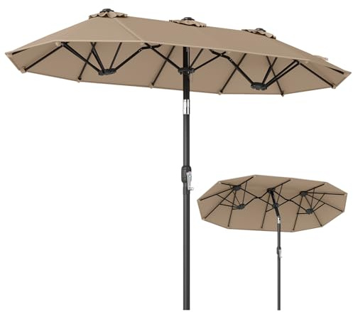 COSTWAY Ombrellone da Giardino Doppio 285 cm, con 12 Stecche, Manovella Scorrevole, Inclinazione Regolabile, Anti-UV, senza Base, per Giardino e Piscina, 285 x 147 x 220 cm (Marrone)