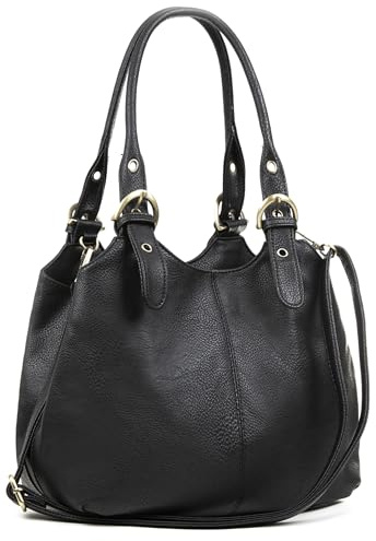 AOSSTA Women's Tote Bag Multi Pockets Soft Leather Hobo Shoulder Bags With Long Strap Ladies Handbags Large Crossbody Bags (Black)