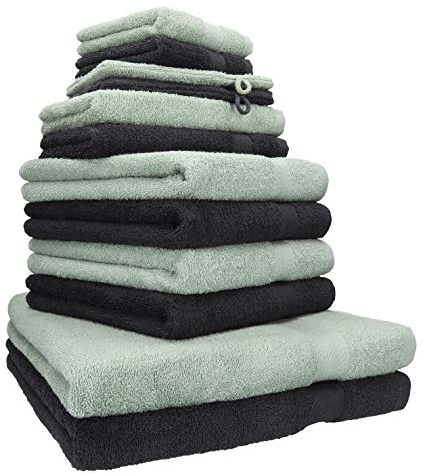 Betz Handtuch Set Premium 12-teilig 100% Baumwolle – 2 Duschtücher, 4 Handtücher, 2 Gästetücher, 2 Seiftücher, 2 Waschhandschuhe – Weiche Frottee Handtücher 470g/m²- Farbe Graphit/heugrün