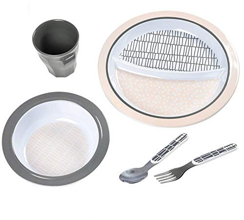 BÉABA, Coffret Cadeau Repas Enfant, Assiette deux compartiments, Bol, Couverts, Verre, Base anti-dérapante, Mélamine, Motif Pink Grid