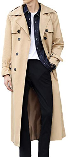 Pantete Gabardina de doble botonadura para hombre, de gran tamaño, casual, cortavientos, con solapa, abrigo largo, Caqui, Small