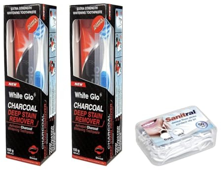 White Glo Charcoal Deep Stain Remover Toothpaste, 100ml -Pack of 2 with Sanitral 50 Pcs Dental Floss Stick Included as a Gift