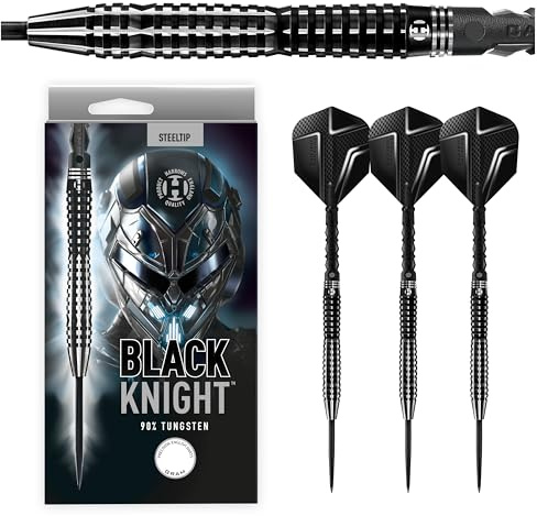 Harrows Black Knight 90% Tungsten Steel Tip Darts Set, 21g - 26g - Includes Black Carbon ST Midi Shafts & Micron Black Knight Flights 25g