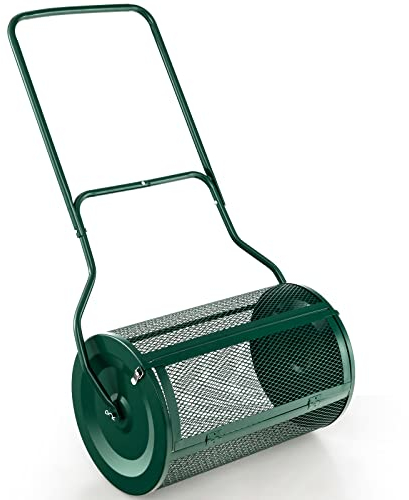 TANGZON 27 Inch Compost Spreader, 76l Peat Moss Spreader with Upgrade U-shaped Handle, Heavy Duty Metal Mesh Push Topsoil Fertilizer Manure Spreader for Lawn and Garden (Green)