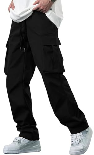 YAOBAOLE Pantalons Cargo Homme Coton Pantalon de Travail avec Multi Poches Taille Elastique Cordon de Serrage