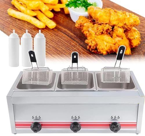 Freidora De Gas Comercial (30L), Freidora De Chips De Gran Capacidad con Tres Ranuras, Electrodomésticos De Cocina con Placas Calientes De Gran Capacidad, 3 Botellas De Condimentos Exprimibles