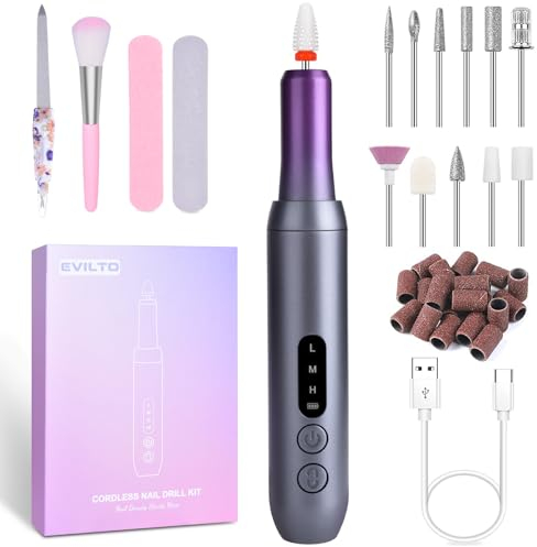 Torno para Uñas Profesional Lijadora Eléctrica de Uñas sin Cable 30000RPM, Lima de Uñas Portátil con Pantalla LCD, 12 Puntas, Potente Kit de Lijado para Manicura y Pedicura (Gris y Morado)