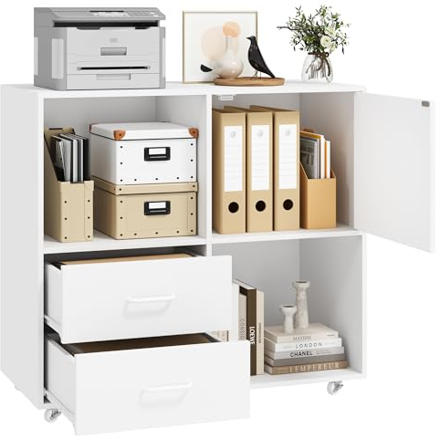 HOCSOK Rollcontainer, Aktenschrank mit 2 Schubladen und 5 Rollen, Schreibtisch Unterschrank für Dokumente, A4-Papier, Letter-Format, Druckerständer Wohnzimmer Schlafzimmer und Büro