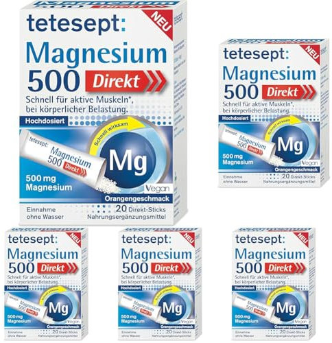 tetesept Magnesium 500 Direkt | 5 x 20 Direct-Sticks | Nahrungsergänzungsmittel mit Magnesium Pulver zur Einnahme ohne Wasser - Schnell für aktive Muskeln – (5er Packs)