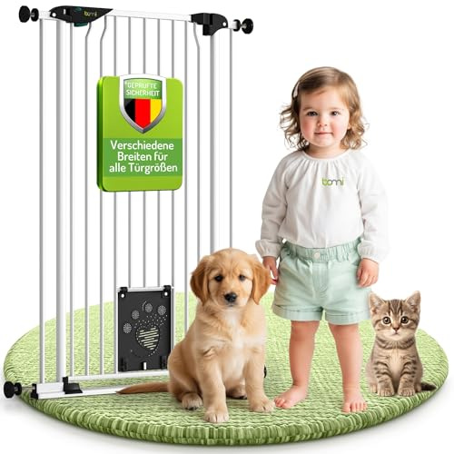 BOMI Griglia di protezione degli animali Mira, griglia di protezione per la porta con pattina per gatti, ideale per cani, gatti, porta e cuccioli, in metallo bianco, larghezza: 143 – 153 cm