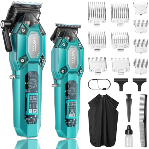 VGR Professional Hair Clippers for Men, Barber Clipper and Trimmer, Green | Cordless Mens Hair Cutting Kit with 10 Guide Combs, USB Rechargeable Haircut Machine for Family, LED Display