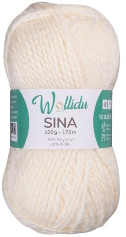 Wollidu Sina Wolle zum Stricken und Häkeln 100g Premium Strickwolle/Häkelwolle Set OEKO-TEX zertifiziert 1 x 100g/170m 80% Polyacryl 20% Schafwolle mulesing-frei - Creme