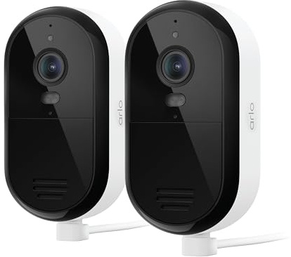 Arlo Essential Security Camera 2K (2025 Release) - Continuous Wired Plug-in Power Outdoor Camera, Person Recognition, Package Detection, Animated Preview, 1-Month Trial of Secure Plan, 2 Cam, White