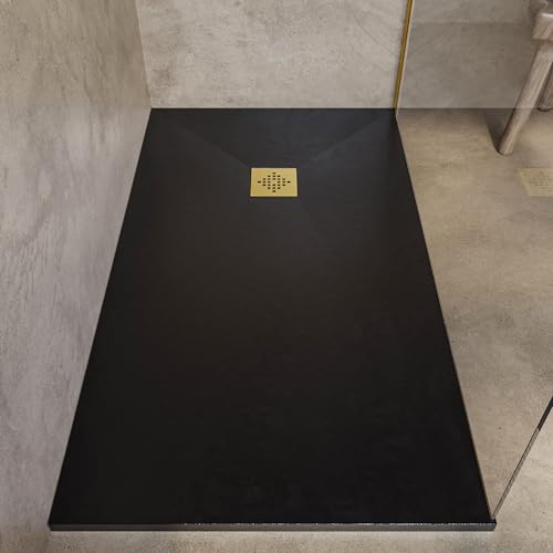 SOULBATH Plato de Ducha - Resina - Gel Coat - Textura Liso/Piedra - Antideslizante - Color Negro - 120x80- Extraplano 3cm. Incluye Válvula de desagüe - REJILLA GOLD