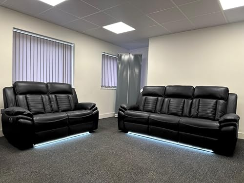 Savilla Leather Electric Recliners Sofa With Cupholders – 3+2 Seater Sofa Set – Electric Recliners – LED Lights – Wireless Charging – USB Charging & USB C Charging (Black, 3+2 Seater)