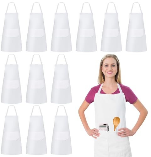 Grembiule da cucina per uomini e donne: 12 pezzi grembiule regolabile con 2 tasche, grembiuli da lavoro unisex, grembiuli da cucina impermeabili per cucina, ristorante, caffè (bianco)