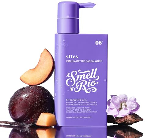 Sttes Smell Rio Shower Oil 05# (Vanilla Orchid Sandalwood) - Natural Moisturizing Body Cleanser with Sunflower, Jojoba & Macadamia Oils, Paraben & Mineral Oil Free, 155g/5.47 Oz