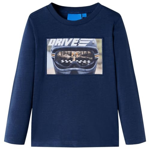 GeenYuu T-shirt à manches longues pour enfant bleu marine mélangé en coton avec imprimé casque, col rond, taille 104, pour garçons et filles au quotidien, l'école, les loisirs, le printemps et