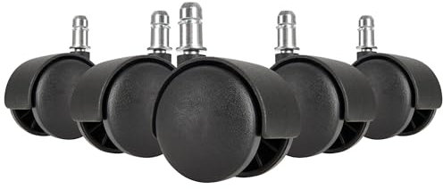 AMSTYLE 5er Set leichtgängige Hartbodenrollen für Bürostuhl 11 mm Stift/Durchmesser 50 mm, Schwarze Premium Bürostuhlrollen, Dreh-stuhlrollen für Harte Böden