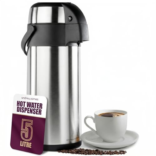 Andrew James Thermal Coffee Carafe, 5L Airpot, Double Walled Insulation, Stainless Steel Pump Action Hot Water Dispenser, Insulated Tea & Coffee Flask, 360° Rotating Base, Carry Handle & Safety Lock