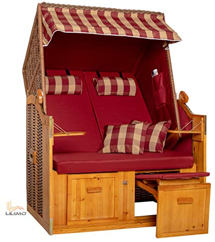 LILIMO Strandkorb Ostsee | Variante A in Bordeaux | Geflecht Natur | Inkl. Schutzhülle | 2-Sitzer Ideal für Garten Terrasse und Balkon