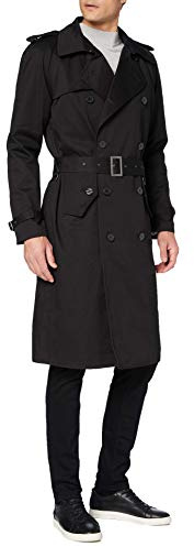 The Platinum Tailor Noir hommes traditionnel double boutonnage long Trench-coat Militaire Coton Imperméable - Noir, Noir, 46
