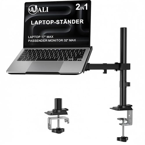WALI Laptop Desk Mount for 17 inch Notebook, Adjustable Single Monitor Arm with Laptop Holder for 32 inch Screen, Laptops Stand with Ventilated Tray, Up to 22 lbs, (M00LP), Black