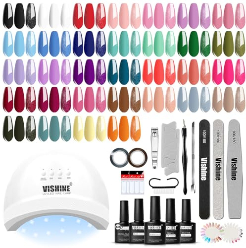 Kit de Esmalte de Uñas en Gel Vishine con Luz UV, Brillo para Todas las Estaciones, 32 Colores, Set de 52 Piezas con Base y Top Coat Mate y Brillante – Kit de Manicura de Gel Soak Off DIY