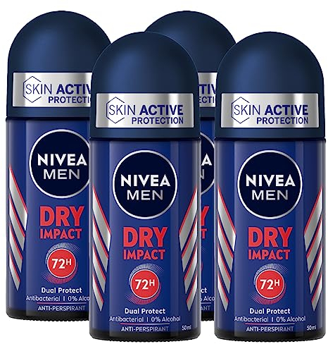 Nivea Men Dry Impact Deodorante Roll-On Uomo Antitraspirante per Tutti i Tipi di Pelle Dual Protect 72h - 4 Flaconi da 50ml