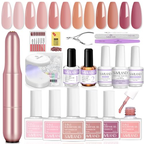 Saviland All-In-1 Nail Builder Gels Kit: 6 Classic Colors Builder NailGel With Drill Mini Nail Lamp Nail Glue Gel Base Top Coat, Hard Gel for Nail Extension Builder Gels for Nails Starter Kits