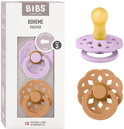 BIBS Boheme Soother 2-Pack. BPA Free Dummy Pacifier, Round Nipple. Natural Rubber Latex, Made in Denmark, Size 2 (6-18 Months), Violet Sky/Pumpkin