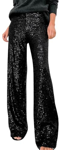 Odizli Pailletten Hose Damen Glitzer Glitzerhose Pailettenhose Elegant High Waist Palazzo Hosenrock Lang Weite Hose Festlich Hochzeit Hochzeitsgast Marlenehose Freizeithose Festival Outfit Schwarz M