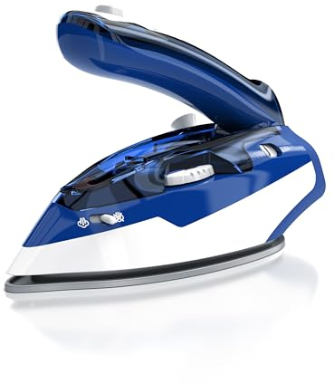 MyBeo Fer à repasser de voyage, poignée pliable, effet pressing, mini steam iron 1100W, Système double tension 110V et 230V, Semelle antiadhésive, 4 puissances de repassage, anti-gouttes