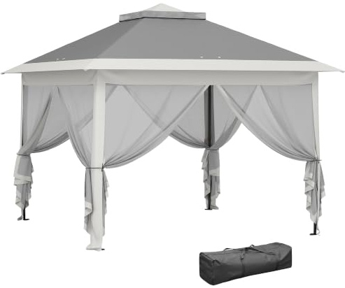 Outsunny 3.3 x 3.3m Pop Up Gazebo with Double Roof, Dark Grey | Foldable Canopy Tent, Zipped Mesh Sidewalls, Height Adjustable, Carrying Bag, Event Tent, Patio Garden