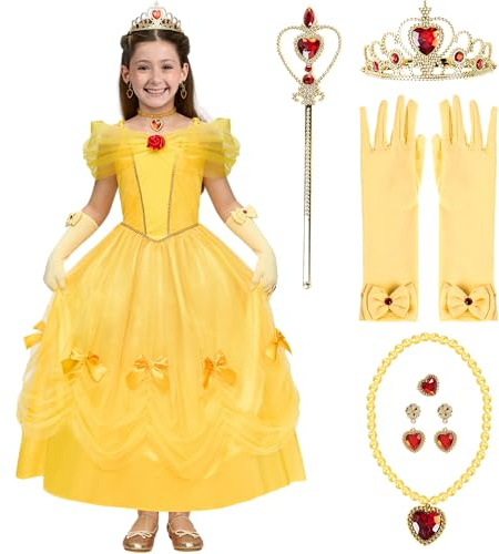 Spooktacular Creations 7 PCS Gul Prinsessklänning för flickor, axelfri klänning med flera lager fåll, prinsessklänning för småbarns födelsedag, halloweenfest