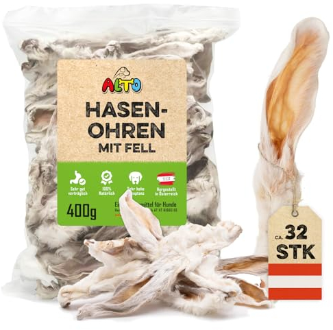 ALTO - Premium Hasenohren mit Fell für Hunde - 400g Ganze Kaninchenohren mit Fell für Hunde - Qualität aus Österreich - 100% Natürliches Hundeleckerli, Welpen Leckerlies