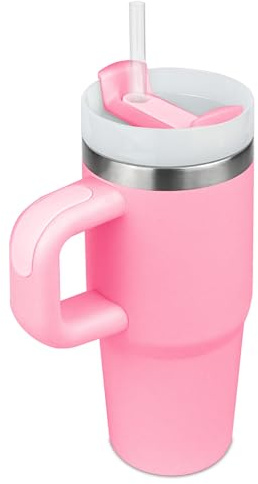 Tumbler avec poignée et paille - Avec couvercle et paille - En acier inoxydable 304 - Pour enfant - Pour l'école, le sport - Cadeau de Noël en plein air - Rose