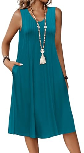 Zeagoo Beach Dresses for Women UK Ladies Summer Dresses Casual Sleeveless Sundresses Elegent V-Neck Midi Dress Floral Beach Dress with Pockets Bluegreen XL