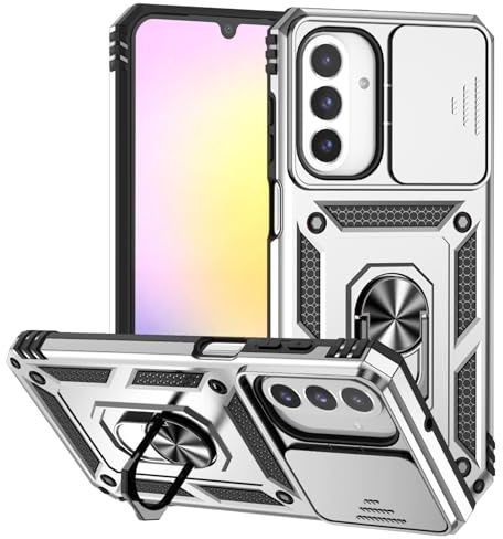 XINYEXIN Coque pour Samsung Galaxy A26 5G avec Cache Caméra et Béquille, Couvercle Coulissant de la Caméra + Support Annulaire à 360 Degrés Etui Housse Antichoc - Argent