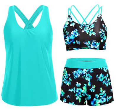 Holipick Aqua and Blue 3 Piece Tankini Swimsuits for Women Tummy Control Bathing Suits Swim Tank Top with Bra Boy Shorts Teen Swimwear S