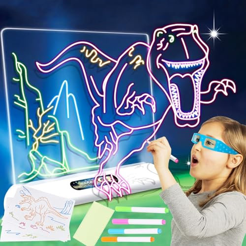 Tablette Lumineuse Dessin pour Enfants, Tableau Lumineux Message LED avec Couleurs Stylo et Motifs de Tableau à Dessin Dinosaure, Tablette led Acrylique Effaçable, Bloc-Notes, Mémo